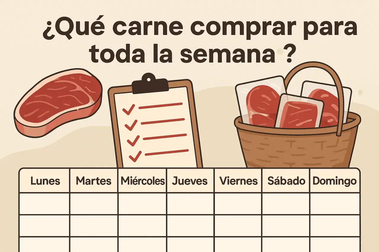 Planifica tus comidas semanales con esta guía de recetas de carnes. Incluye un bistec, una lista de compras y una canasta llena de paquetes de carne.