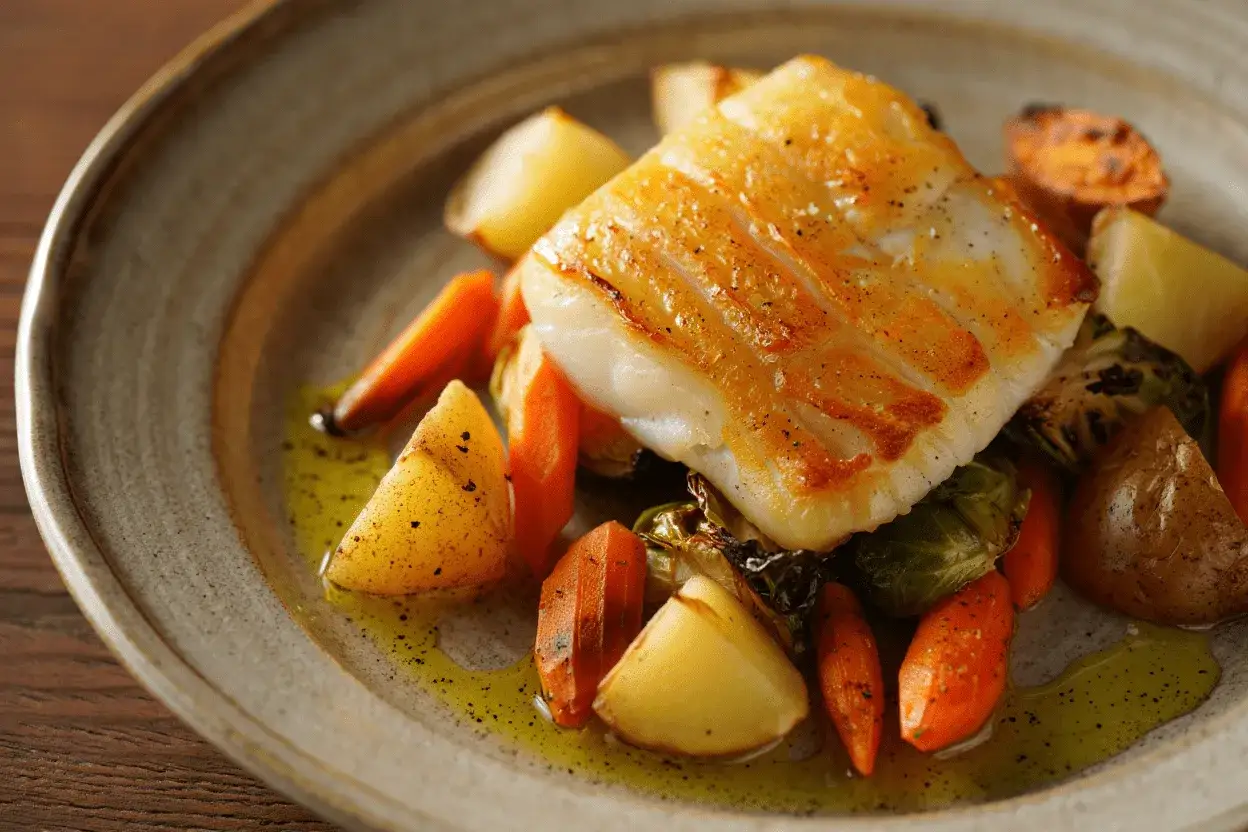 Filete de bacalao dorado con patatas y zanahorias asadas, una de las mejores recetas de bacalao.