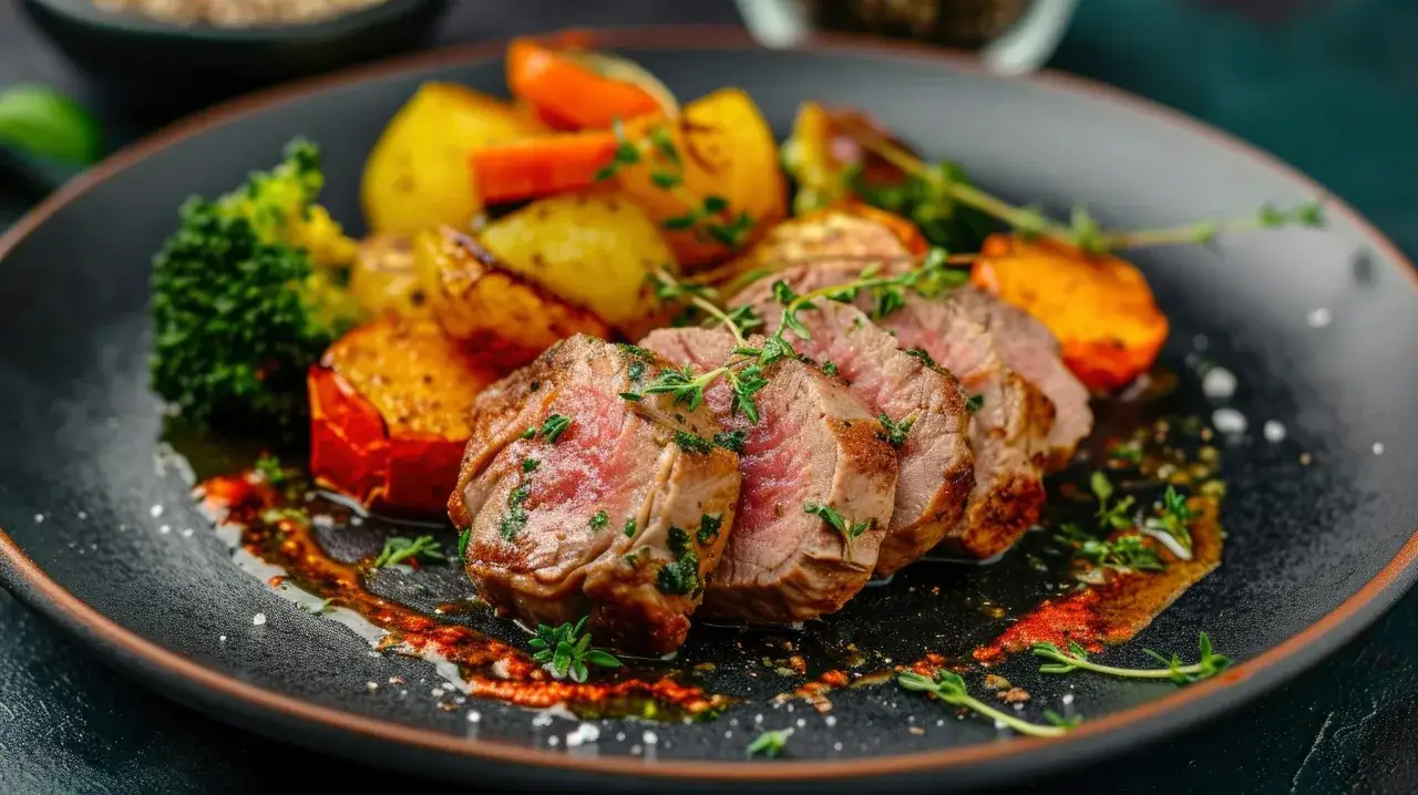 Solomillo de cerdo jugoso en airfryer, servido con patatas asadas, brócoli y zanahoria. ¡Un plato perfecto!