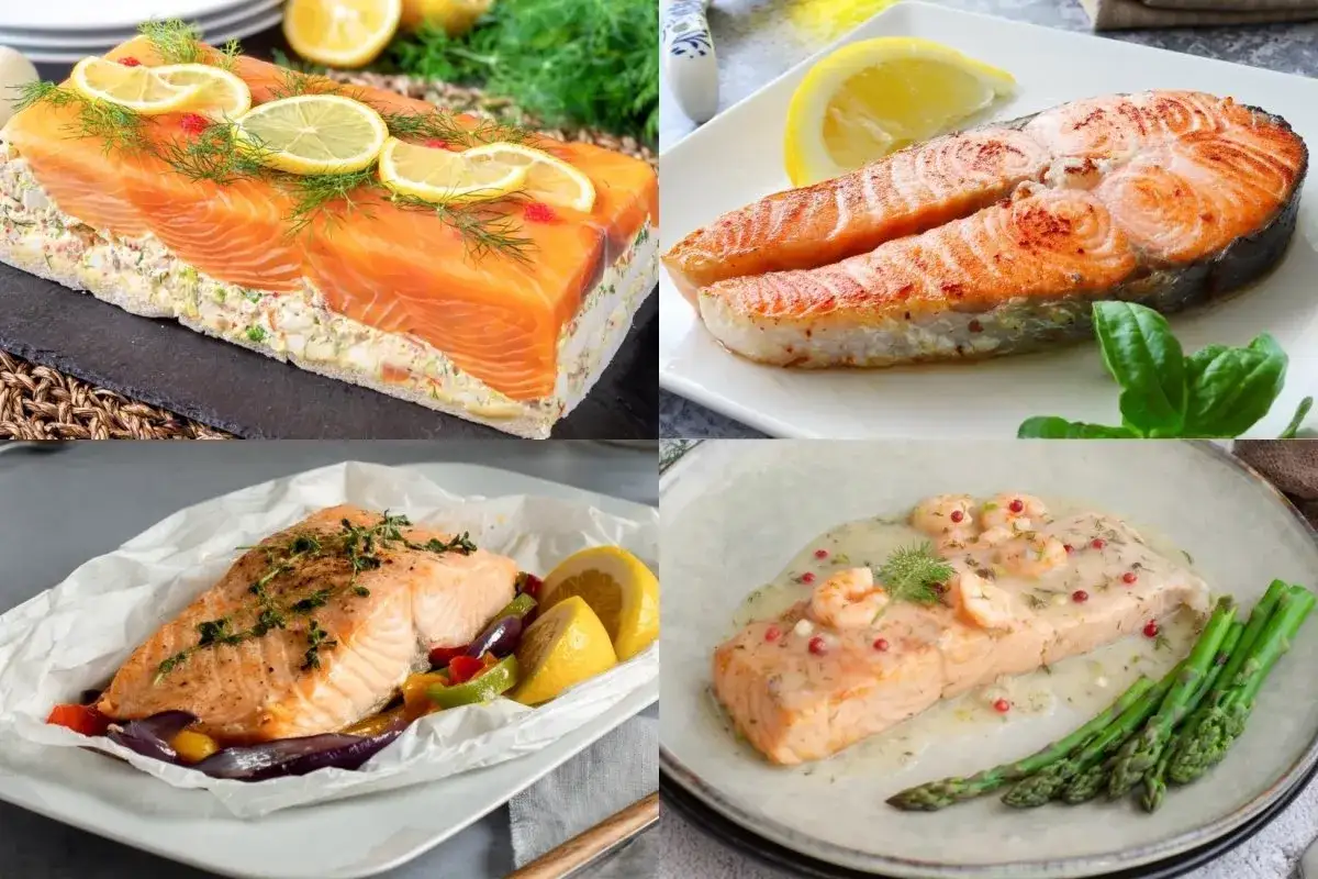 Variedad de recetas con salmón: pastel frío, filetes a la plancha, al horno con verduras y en salsa con gambas.