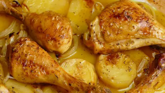 Pollo al horno con patatas jugoso y dorado, paso a paso