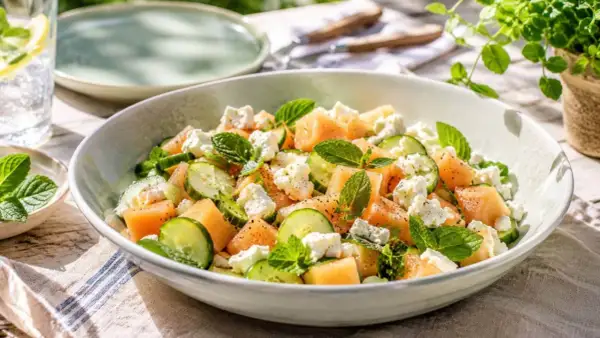 Refrescante ensalada de melón con pepino, queso feta y menta, perfecta para un día soleado.