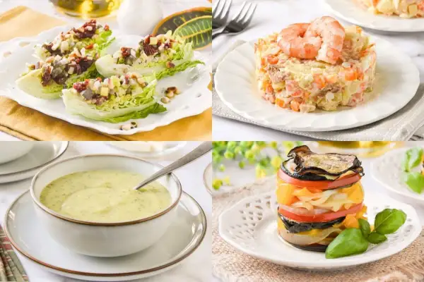 Ensaladas, sopa y torre de verduras. Recetas fáciles para principiantes que te encantarán.