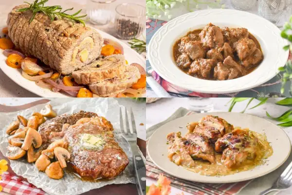 Collage de deliciosas recetas de carnes: rollo de carne asada, estofado, bistec con champiñones y pollo en salsa.