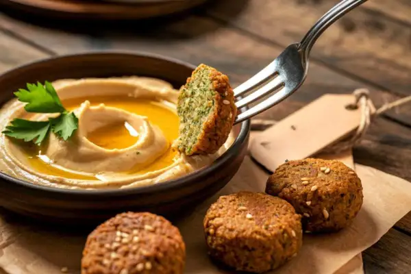 Un falafel recién hecho, con su interior verde y crujiente, se sumerge en cremoso hummus.