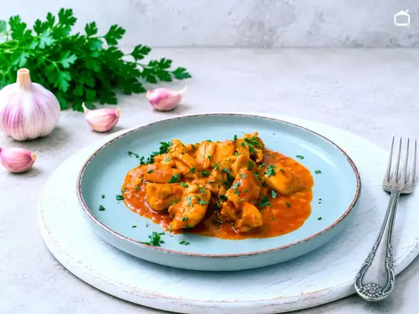 Sabroso pollo al curry con perejil picado, servido en un plato azul. Acompañado de ajos y un manojo de perejil fresco.