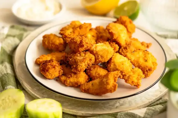 Plato de lagrimitas de pollo crujientes, acompañadas de rodajas de pepino y limón.