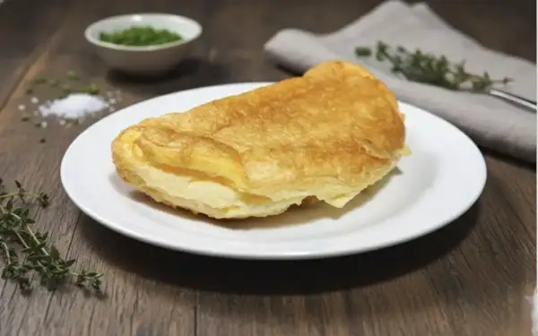 Tortilla francesa dorada y esponjosa servida en plato blanco, con hierbas y sal alrededor.