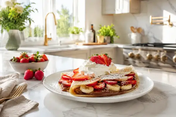 Delicioso crepe relleno de chocolate, fresas y plátano, coronado con crema batida y más fresas. Una receta de crepes perfecta para disfrutar.