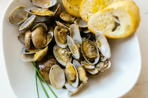 Deliciosas almejas al ajillo, servidas en un plato blanco con pan tostado y un toque de cebollino.
